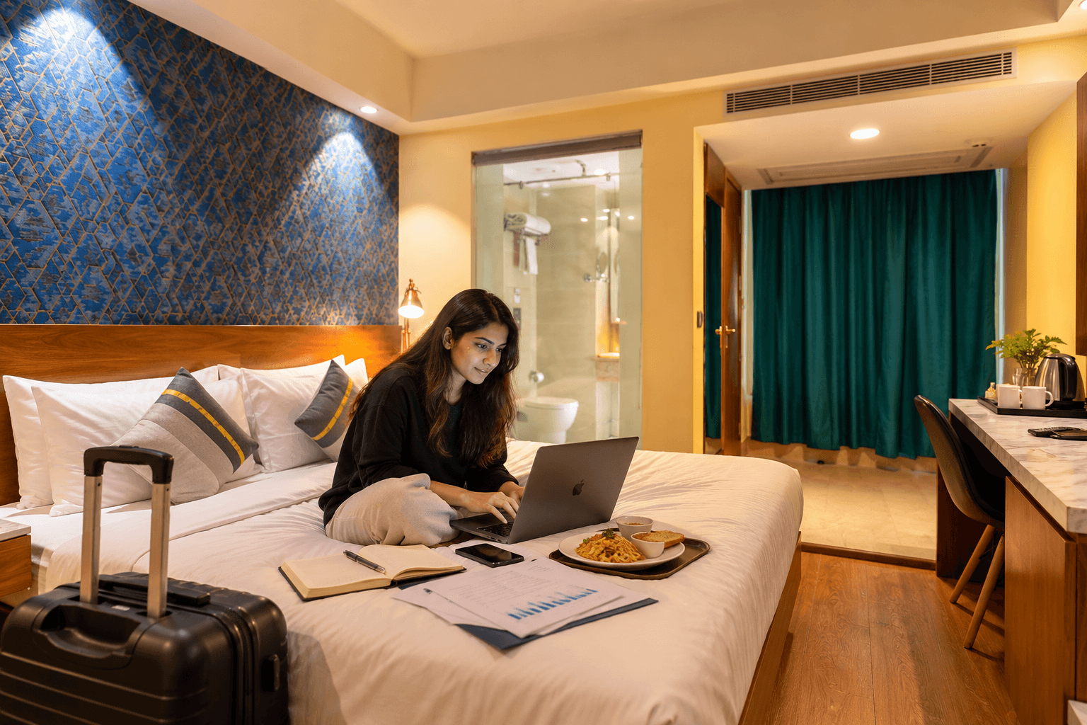 Woman working on her laptop in a comfortable hotel room at The Orion Plaza, Nehru Place, Delhi.